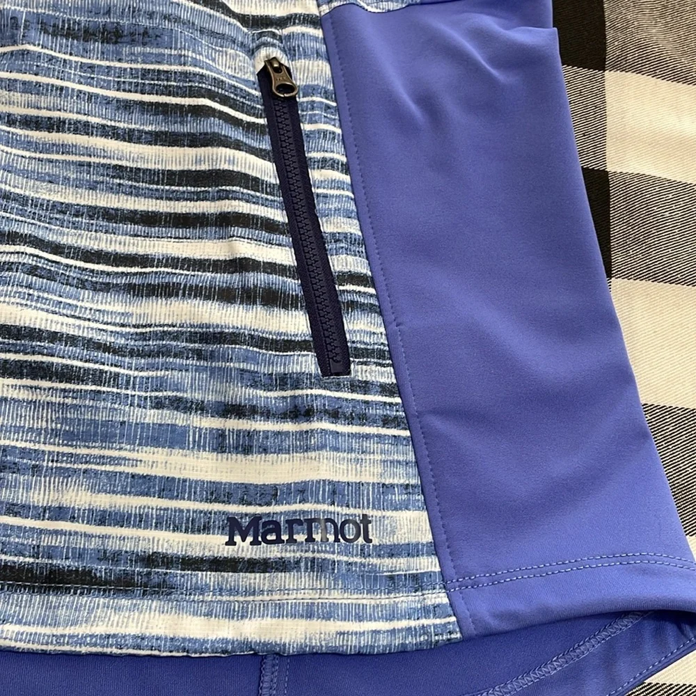 Marmot Windbreaker Striped Blue White Hooded Lightweight Running Jacket Large